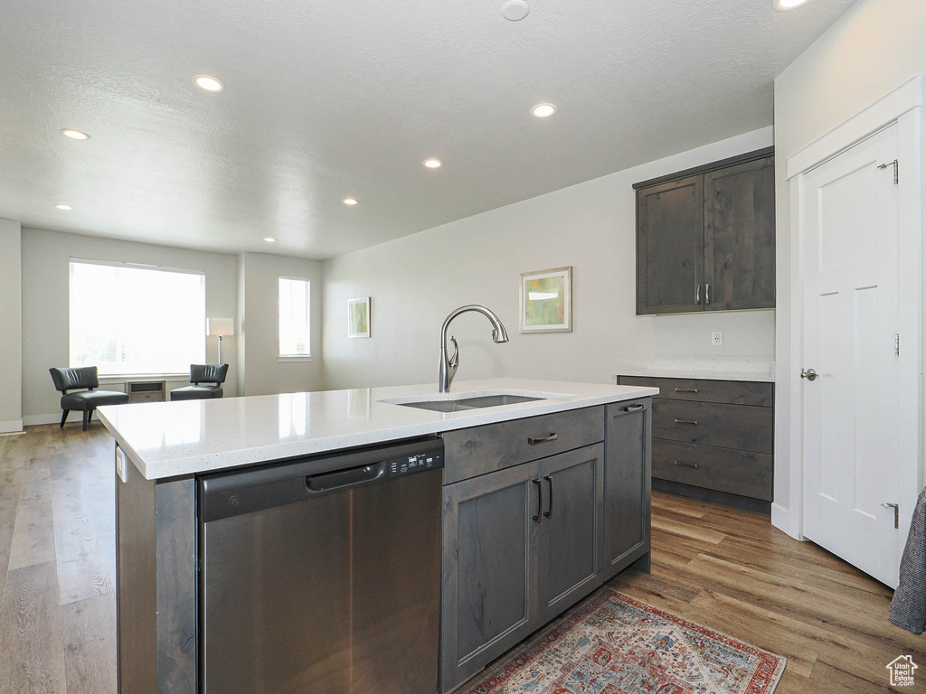 Kitchen with stainless steel dishwasher, a sink, a kitchen island with sink, and light countertops