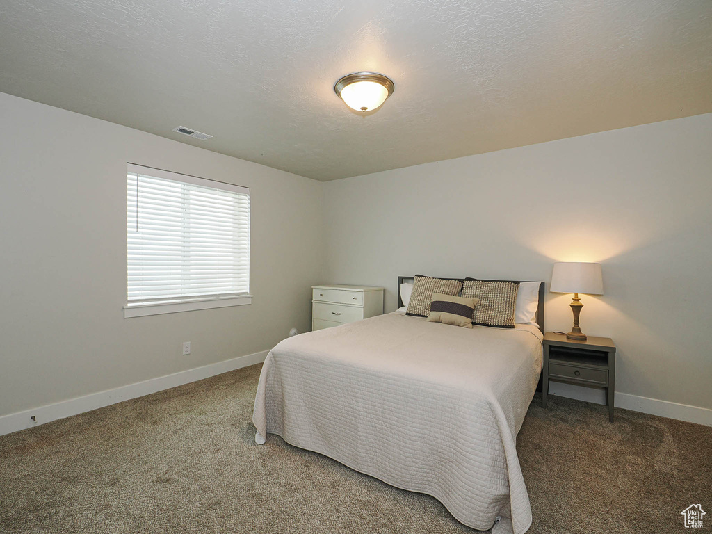 Carpeted bedroom with baseboards and visible vents