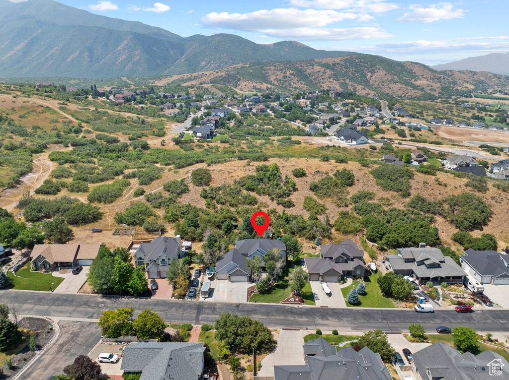 Birds eye view of property with a residential view and a mountain view