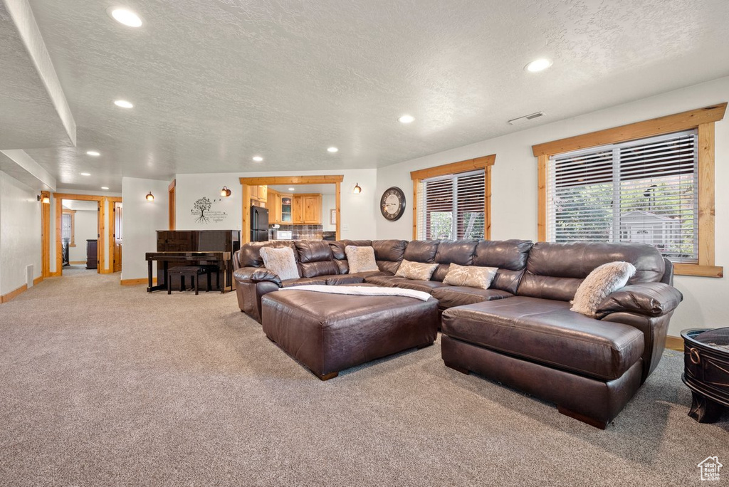 Living area featuring carpet flooring, recessed lighting, a textured ceiling, and visible vents