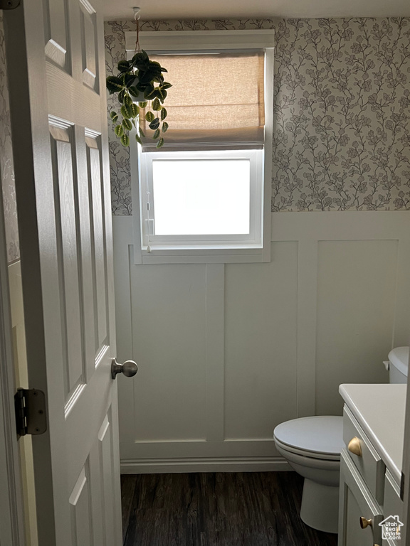 Half bathroom featuring vanity, toilet, and wood finished floors