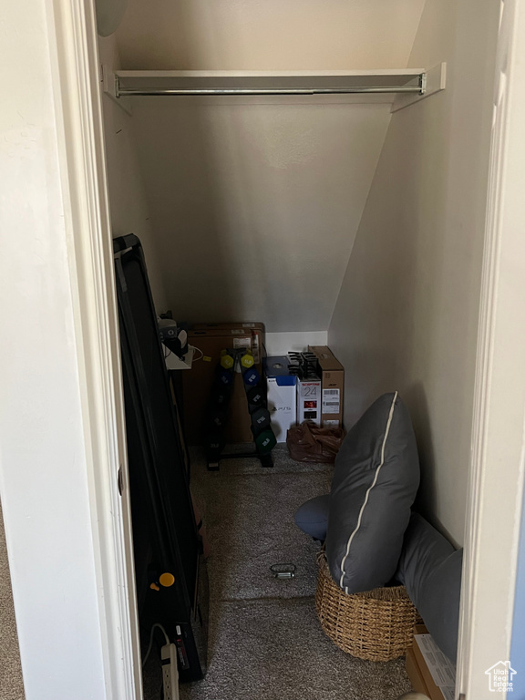Interior space with carpet and lofted ceiling