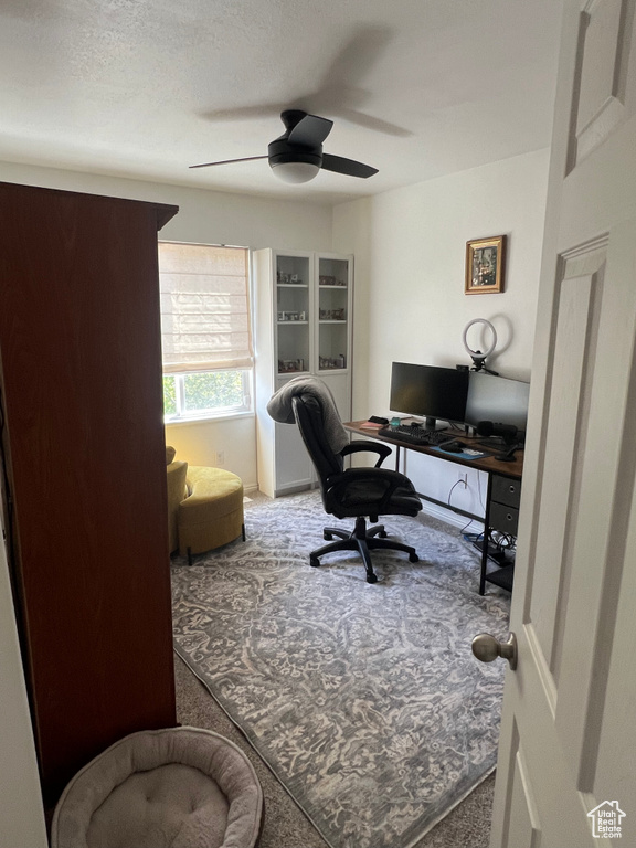 Office area with carpet flooring and a ceiling fan