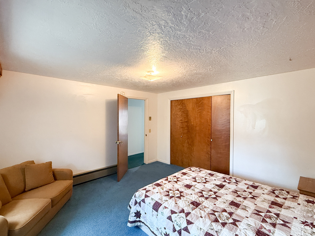 Carpeted bedroom with baseboard heating, a textured ceiling, and a closet