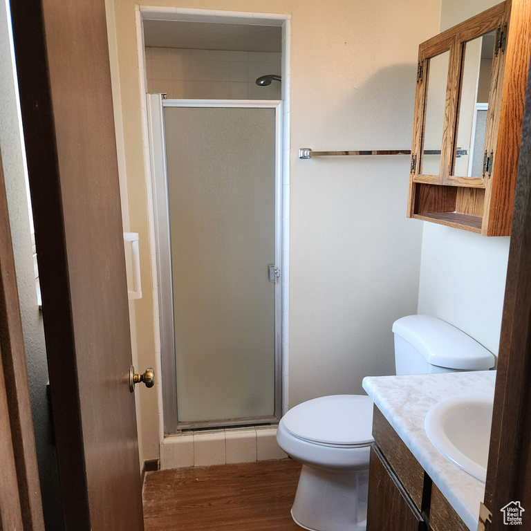 Full bath featuring vanity, toilet, and a shower stall