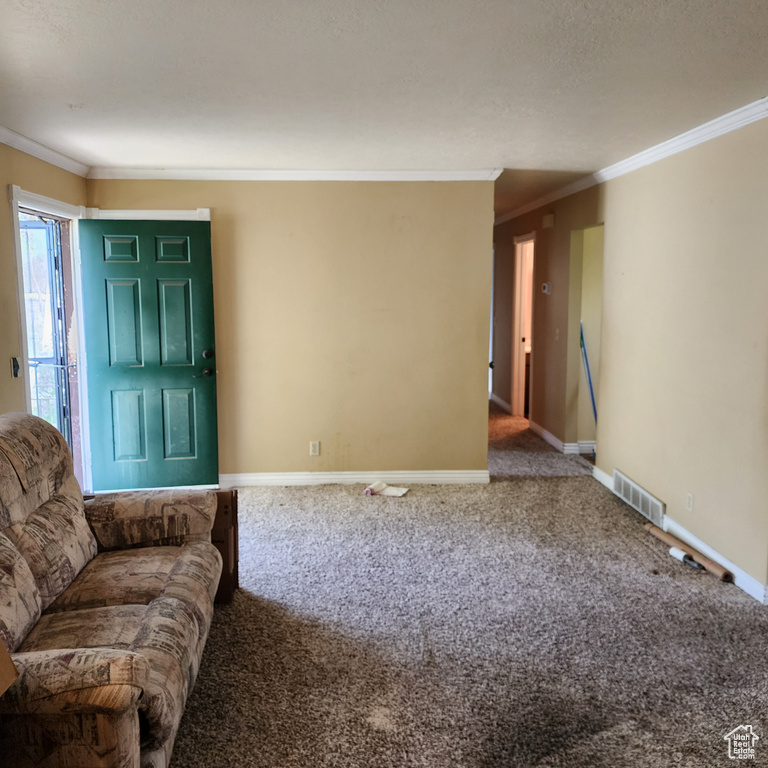 Carpeted living room with crown molding, baseboards, and visible vents
