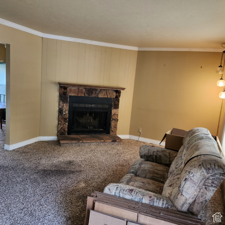 Living room featuring crown molding, carpet flooring, baseboards, and a fireplace