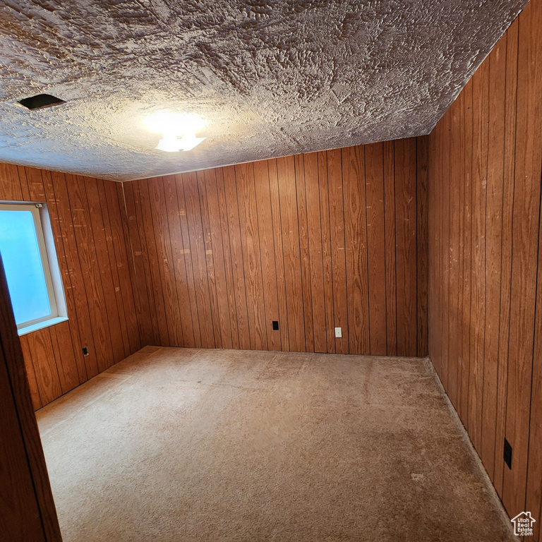 Carpeted spare room featuring wooden walls