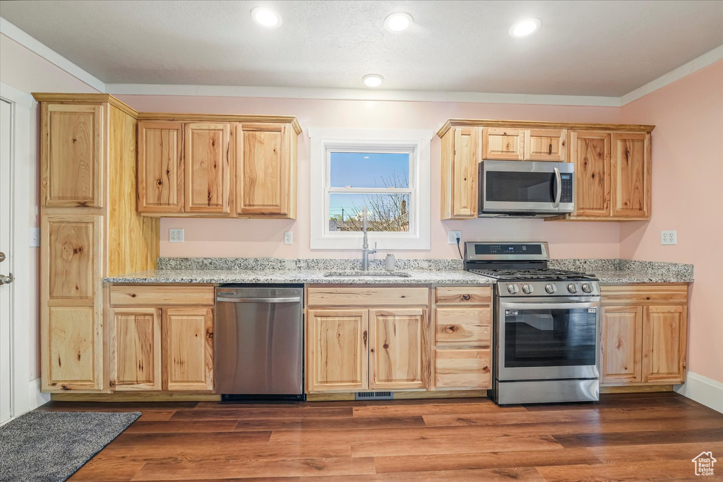 Kitchen featuring appliances with stainless steel finishes, a sink, light stone counters, light brown cabinets, and ornamental molding