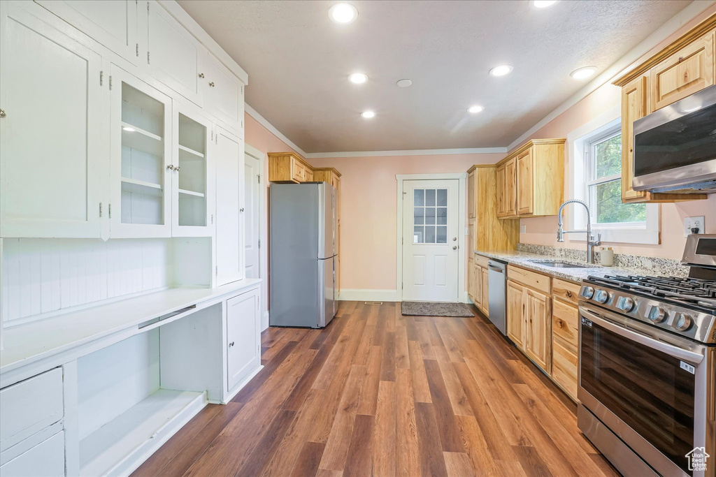 Kitchen featuring a sink, stainless steel appliances, recessed lighting, wood finished floors, and ornamental molding
