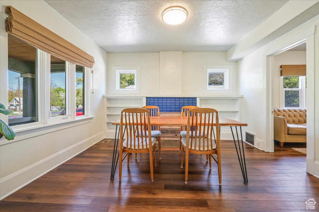 Dining room with baseboards, plenty of natural light, a textured ceiling, and visible vents