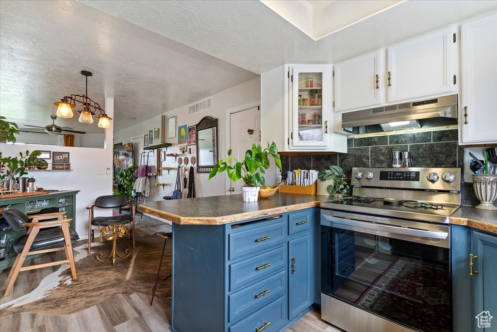 Kitchen with a kitchen breakfast bar, blue cabinetry, stainless steel range with electric stovetop, white cabinets, and under cabinet range hood