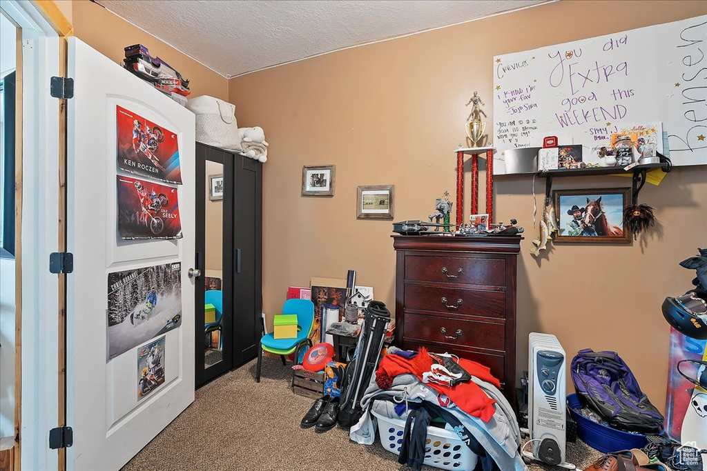 Carpeted bedroom featuring a textured ceiling