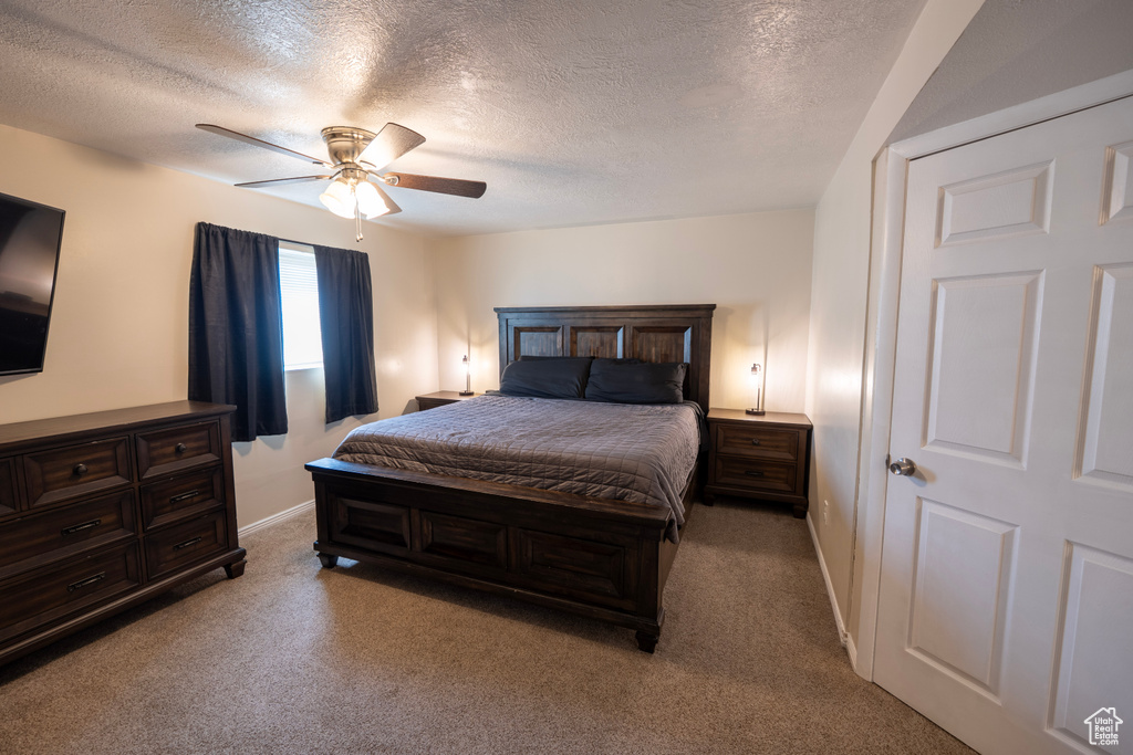 Bedroom featuring carpet floors, a textured ceiling, ceiling fan, and baseboards