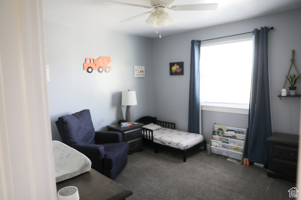 Living area featuring ceiling fan and carpet flooring