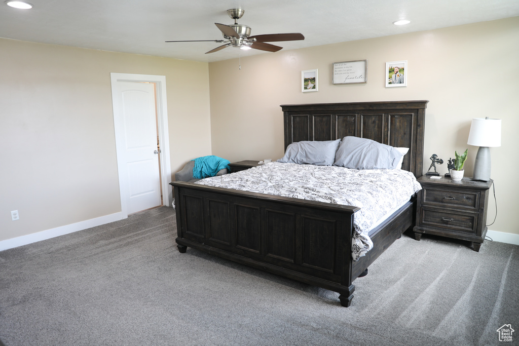 Bedroom featuring baseboards, ceiling fan, recessed lighting, and light colored carpet