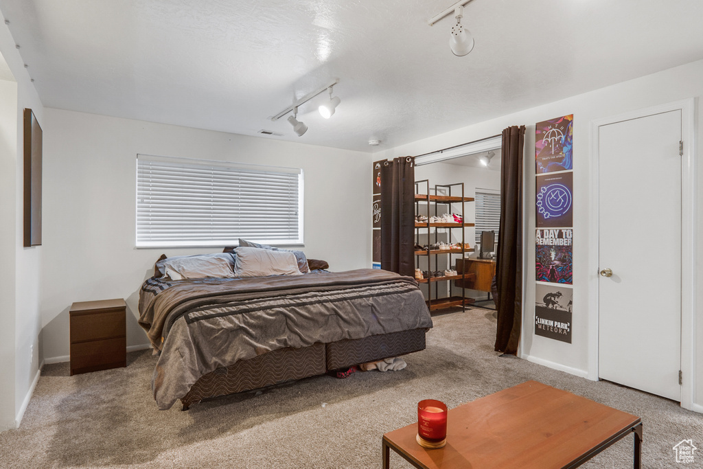 Bedroom featuring visible vents, rail lighting, and carpet