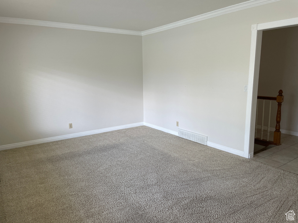 Carpeted spare room with crown molding, baseboards, and visible vents