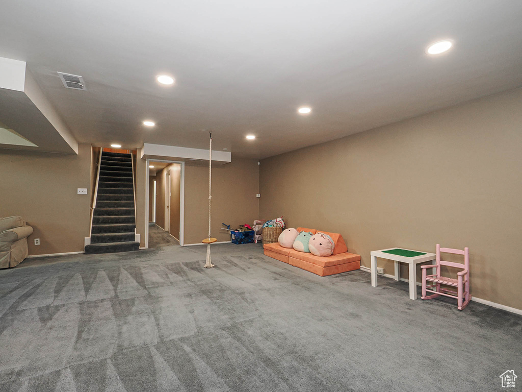 Game room with carpet floors, recessed lighting, baseboards, and visible vents