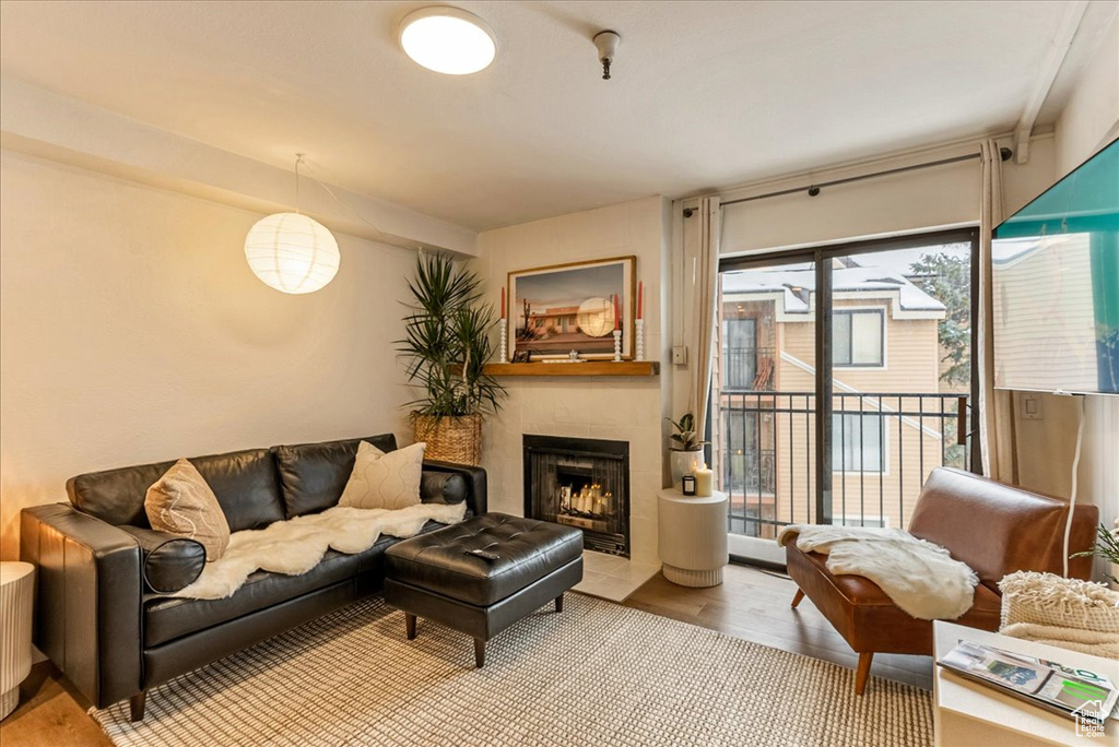 Living area featuring a fireplace with flush hearth and light wood finished floors