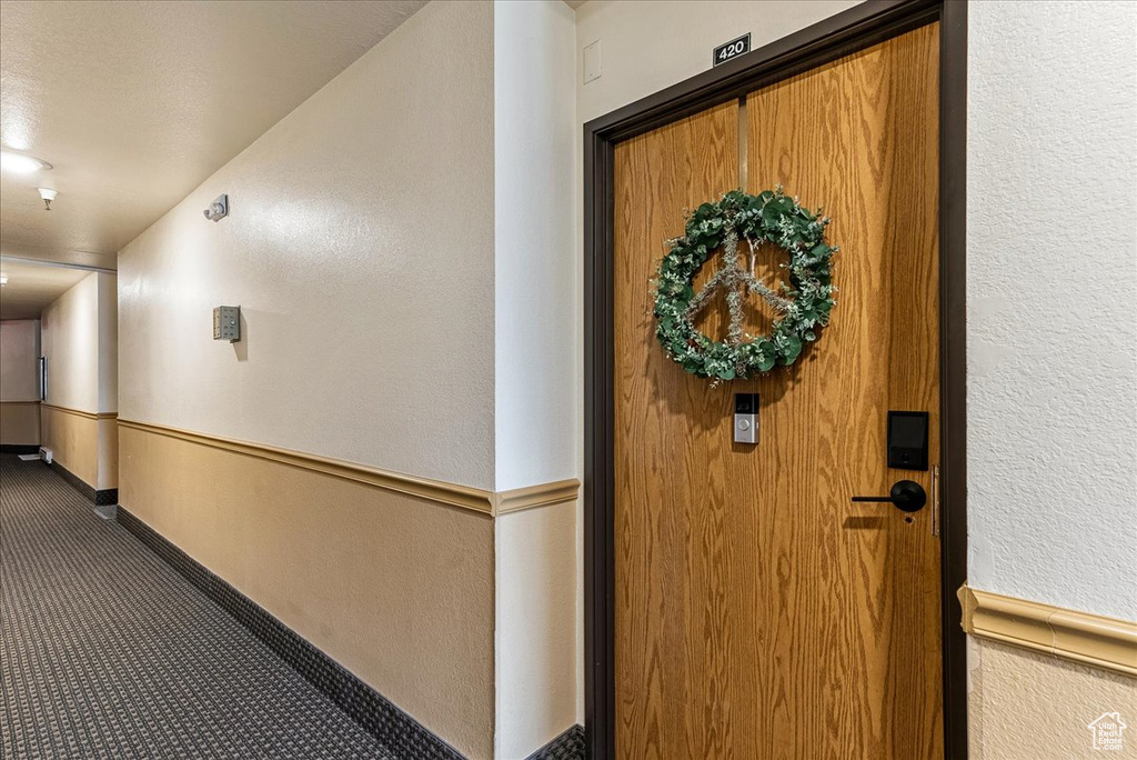 Hallway with carpet floors and a textured wall