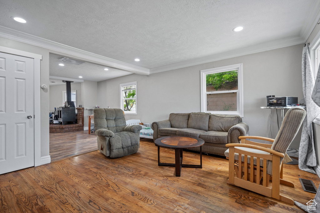 Living area featuring visible vents, crown molding, a wood stove, wood finished floors, and recessed lighting