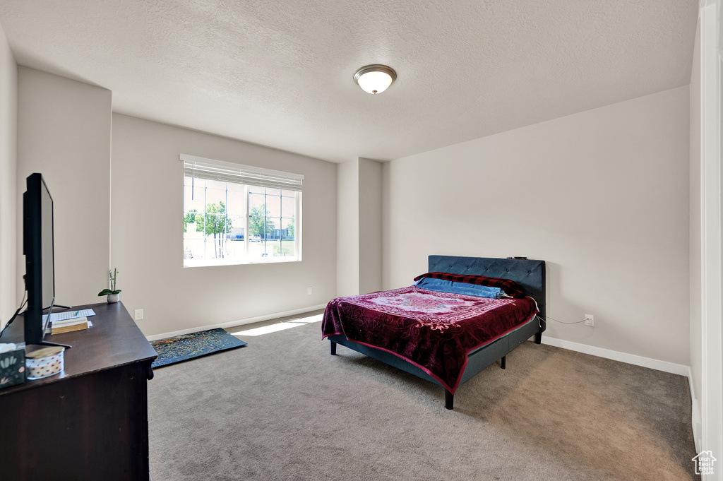 Bedroom with baseboards, carpet flooring, and a textured ceiling
