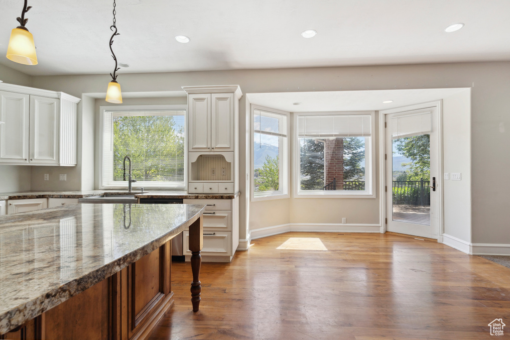 Kitchen with pendant lighting, light stone countertops, wood finished floors, a sink, and white cabinetry