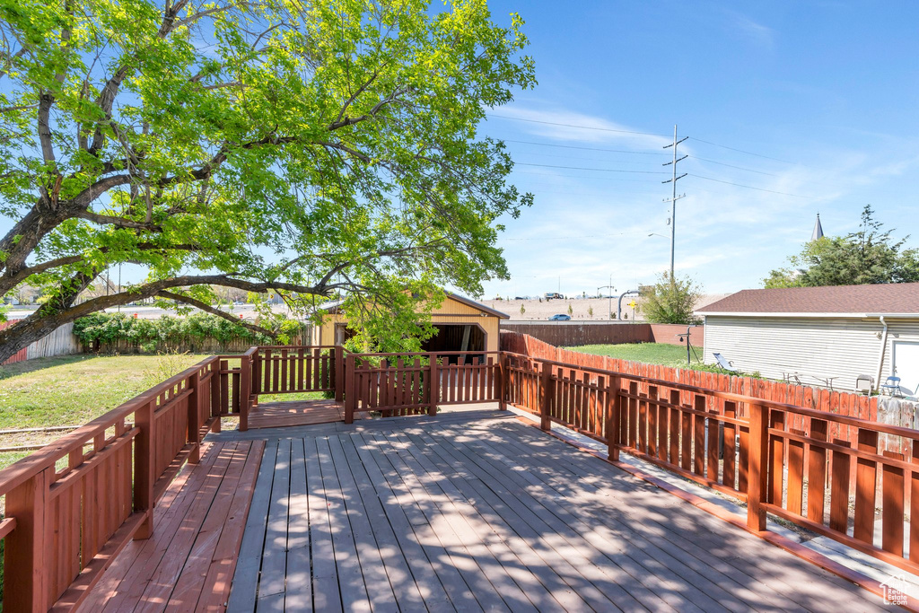 Wooden deck featuring a lawn and a fenced backyard