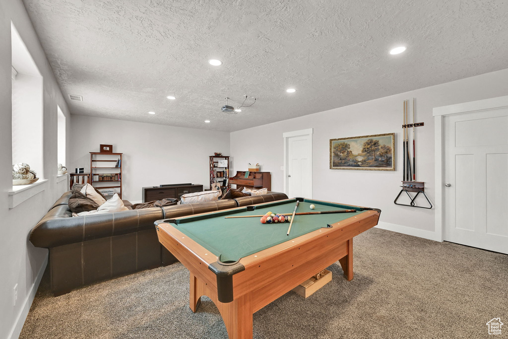 Game room with baseboards, billiards, recessed lighting, a textured ceiling, and carpet flooring