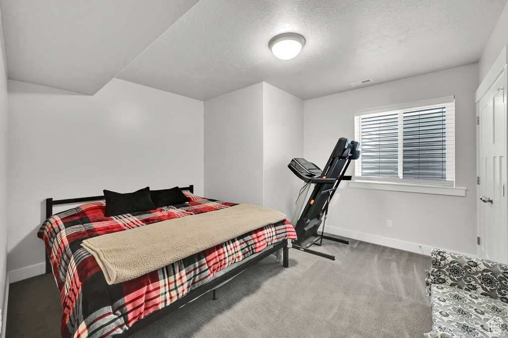Bedroom with baseboards, a textured ceiling, carpet floors, and visible vents