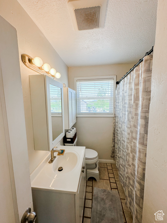 Bathroom with visible vents, a textured ceiling, toilet, and vanity
