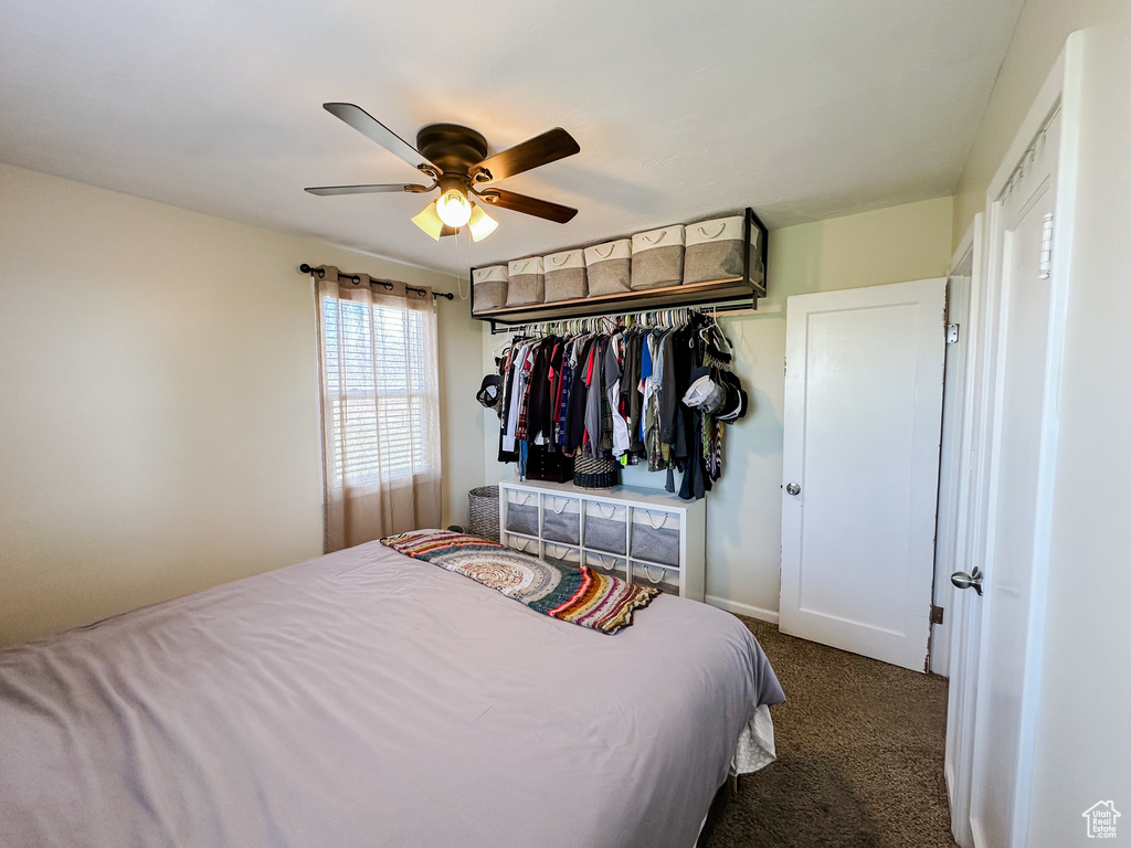 Carpeted bedroom featuring ceiling fan, baseboards, and a closet