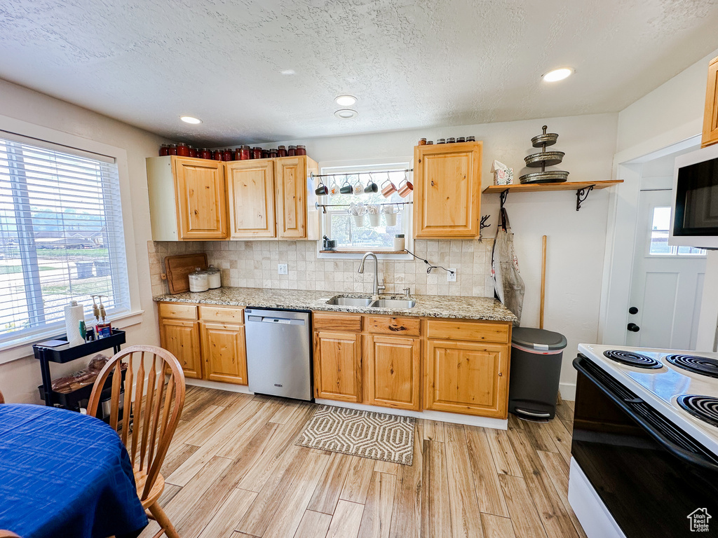 Kitchen with electric range, a sink, dishwasher, decorative backsplash, and light wood-type flooring