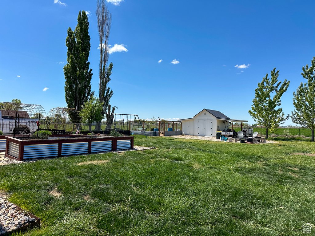 View of yard featuring a fenced backyard and a vegetable garden