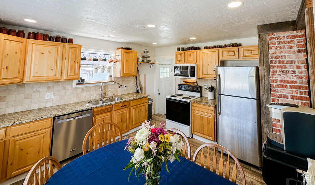 Kitchen featuring appliances with stainless steel finishes, decorative backsplash, a sink, and light wood-type flooring