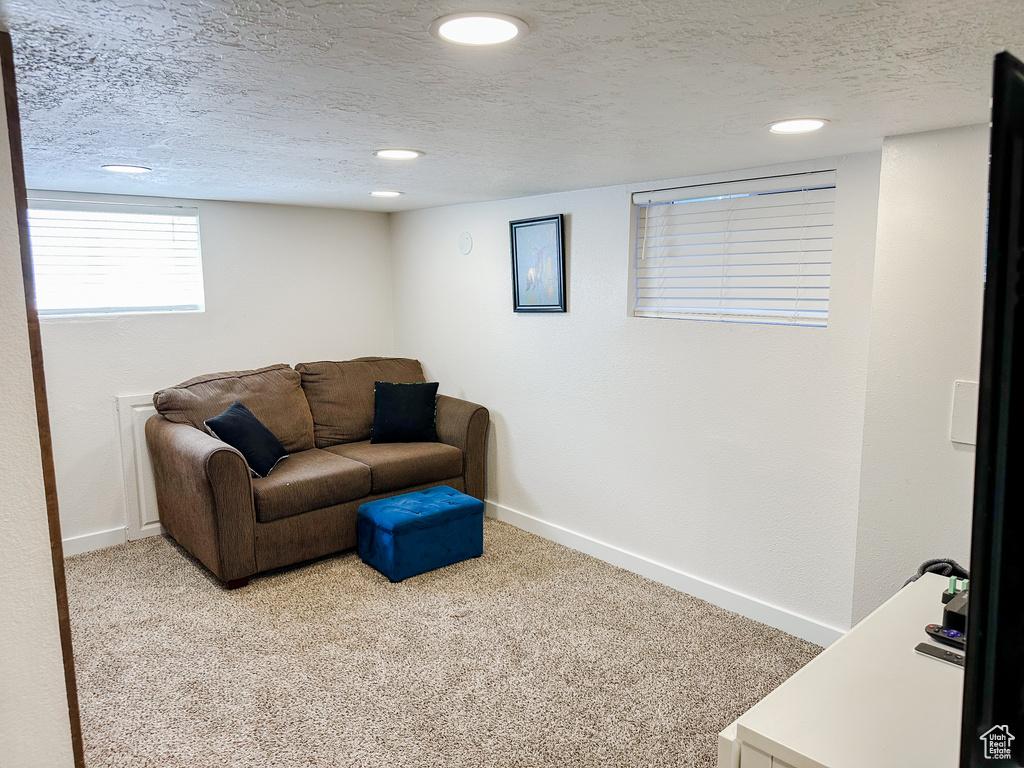 Carpeted living area featuring recessed lighting, a textured ceiling, and baseboards