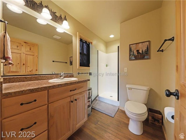 Bathroom with vanity, a stall shower, wood finished floors, and toilet
