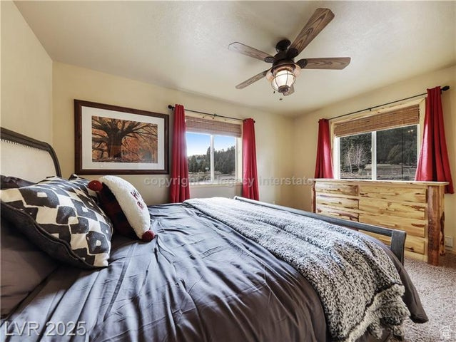 Bedroom featuring a ceiling fan and multiple windows