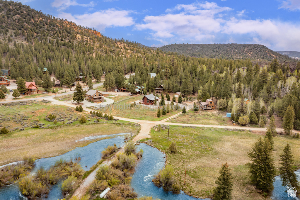 Aerial view of a heavily wooded area and a mountain backdrop