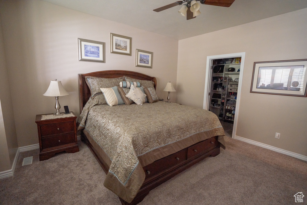 Carpeted bedroom featuring baseboards, a spacious closet, ceiling fan, and a closet