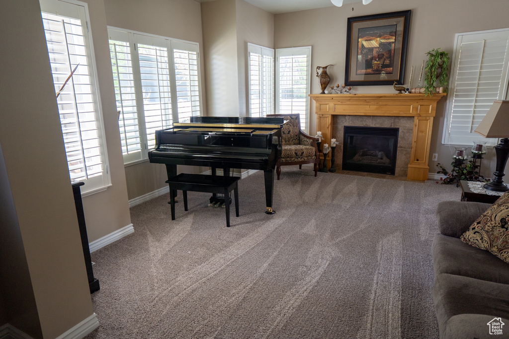Sitting room featuring baseboards, carpet floors, and a tile fireplace