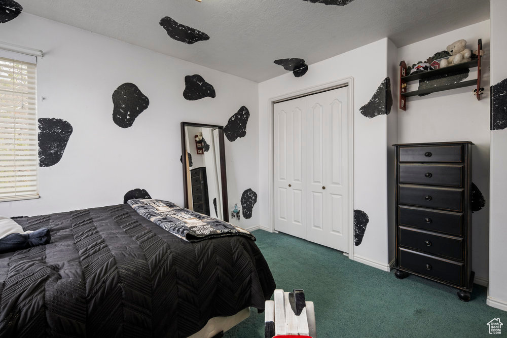 Bedroom featuring carpet flooring, baseboards, and a closet