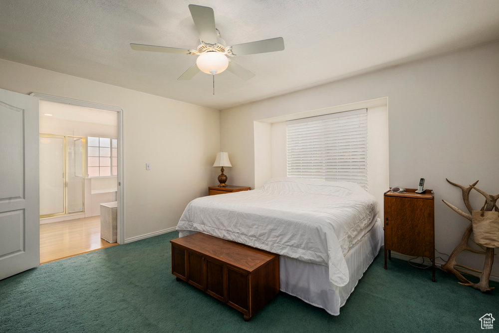 Carpeted bedroom with connected bathroom and a ceiling fan