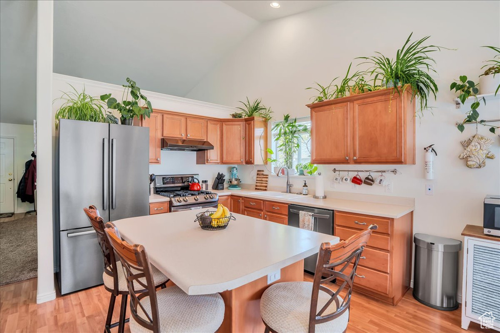 Kitchen featuring appliances with stainless steel finishes, a breakfast bar, a sink, high vaulted ceiling, and under cabinet range hood