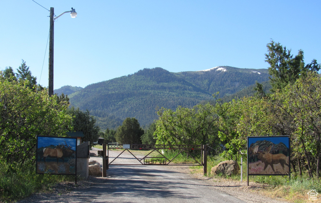 Property view of mountains with a wooded view