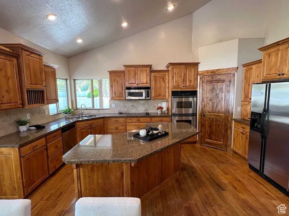 Kitchen featuring high vaulted ceiling, dark wood-type flooring, brown cabinets, a sink, and stainless steel appliances