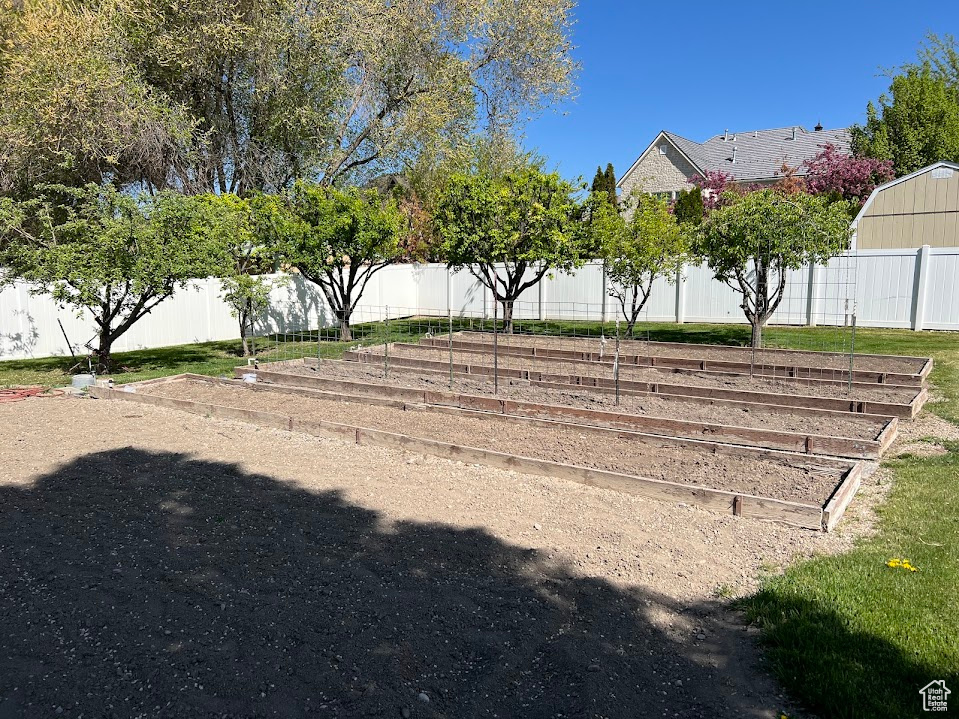 View of yard with a fenced backyard and a garden