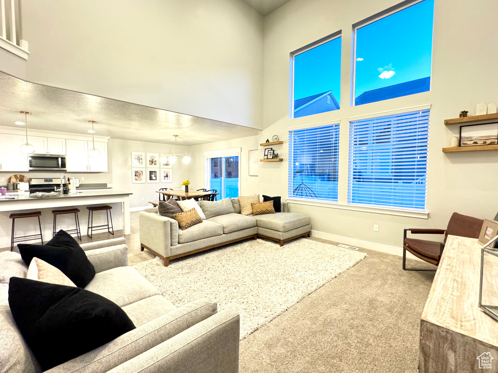 Carpeted living area with baseboards and a high ceiling