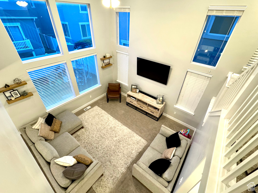 Living room with visible vents, baseboards, carpet floors, and a high ceiling
